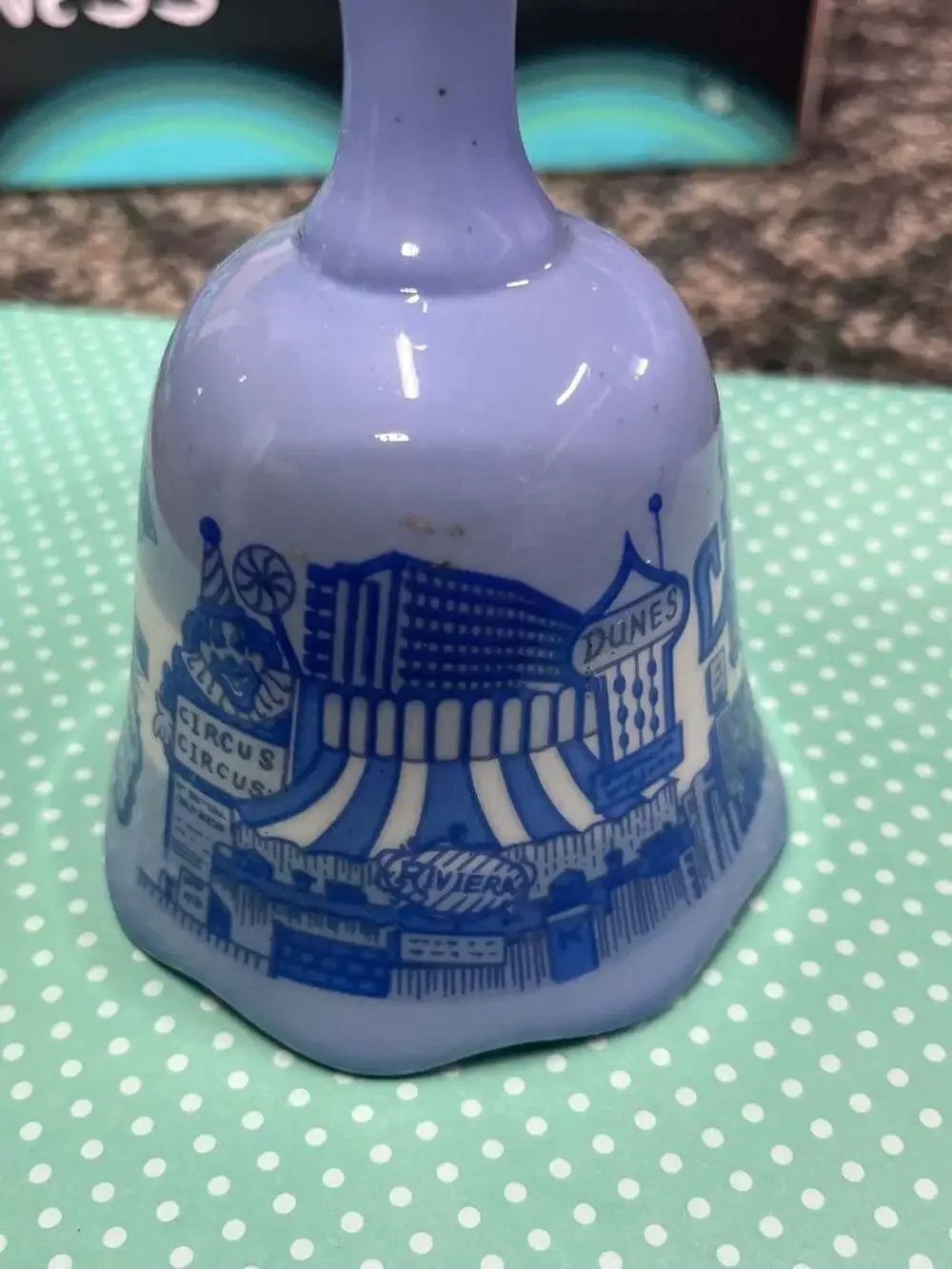 Vintage Las Vegas Casino Souvenir Ceramic Bell Light Blue and White